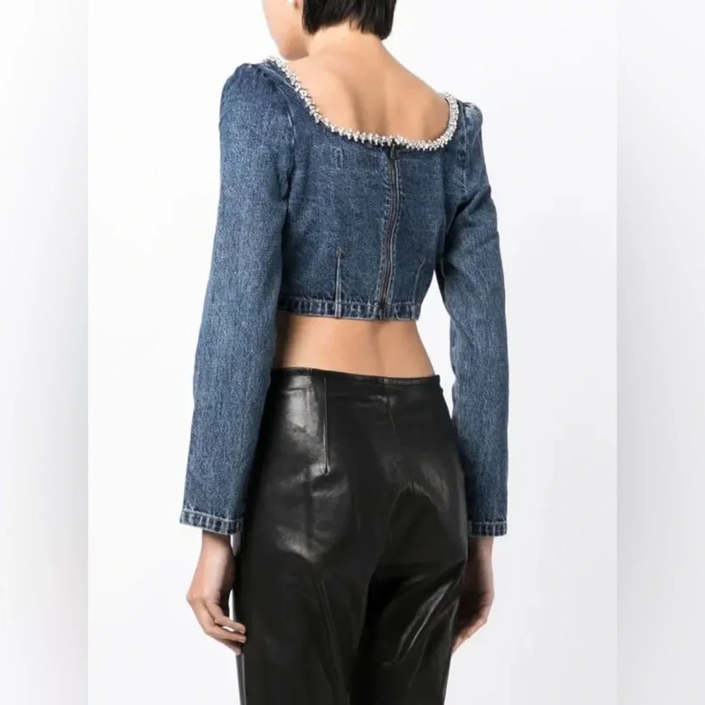 SELF-PORTRAIT Crystal-Embellished Denim Top Size 6 NWT - Picture 4 of 13